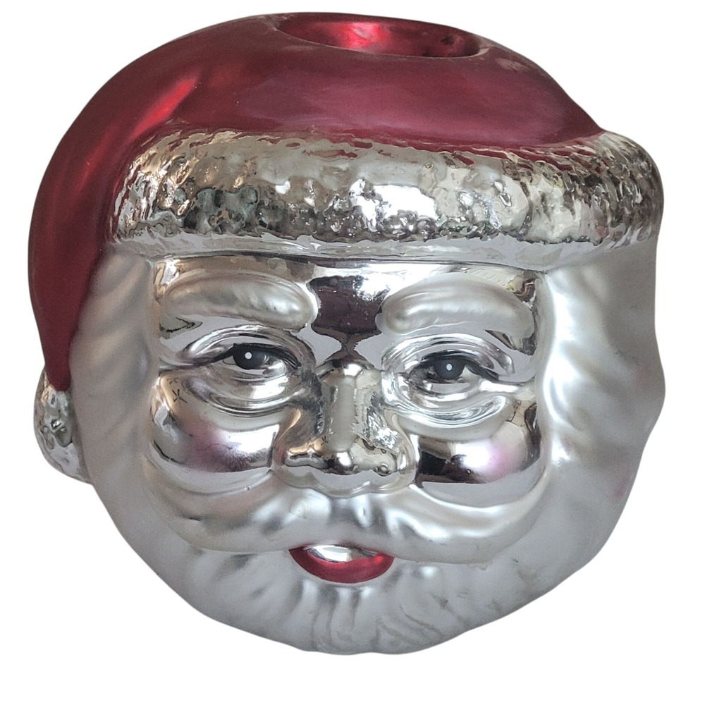 Vtg Dept 56 Mercury Glass Santa Votive Candle Holder Handblown Handpainted 5"x5"